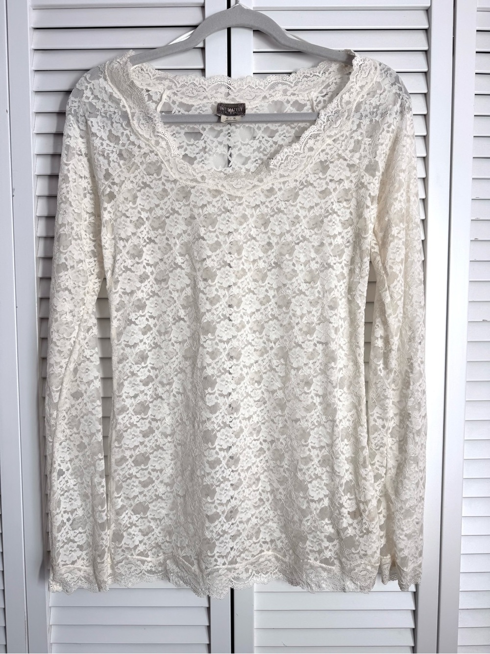 Free People Intimately Lace Long Sleeve Layering Top Scoop-Neck Cream M/L